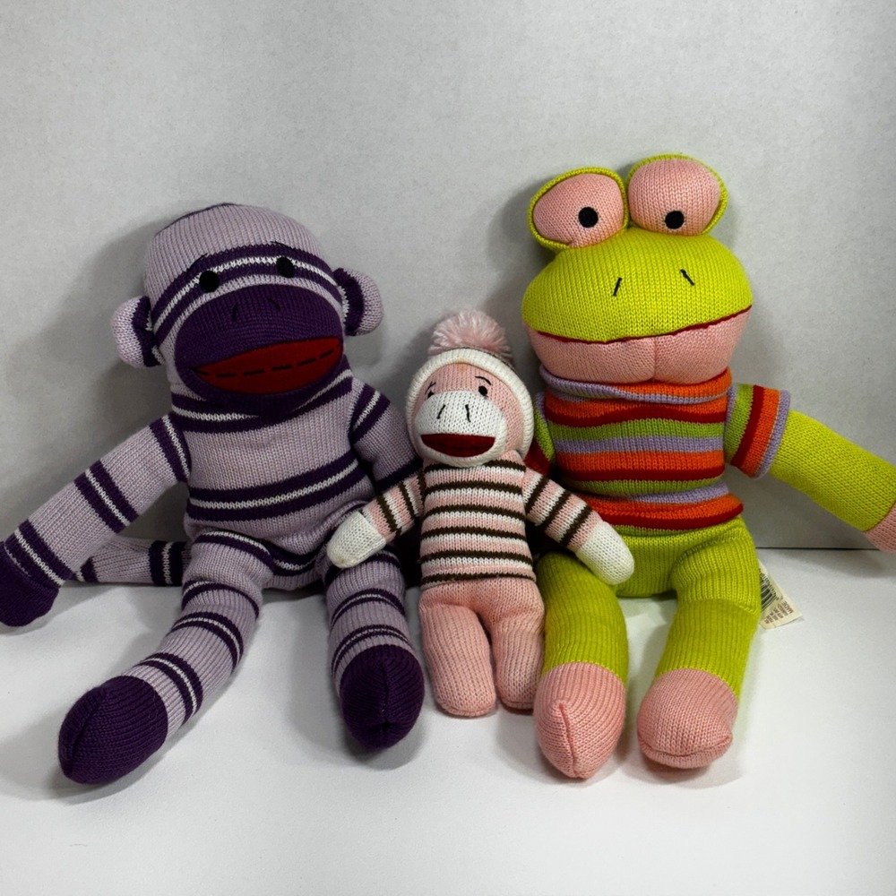 Dan Dee Knit Plush Lot Purple Monkey Green Frog Pink Monkey Stuffed Animals 3pc